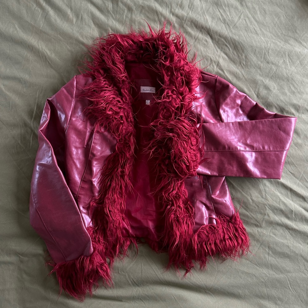 Vintage fur lined burgundy wine red pleather coat jacket